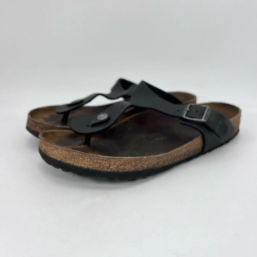 Birkenstock Gizeh Women Size 40 Black Birko-Flor T Strap Thong Leather Sandal